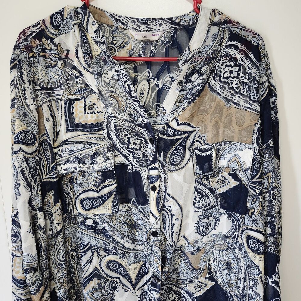 Allison Daley Sheer Paisley Blouse Womens 24W Long Sleeve Button Up Top - Picture 3 of 13